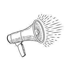 hand drawn of a megaphone on white background. Retro megaphone