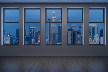 Fototapeta premium Empty room Interior Skyscrapers View Malaysia. Downtown Kuala Lumpur City Skyline Buildings from High Rise Window. Beautiful Expensive Real Estate overlooking. Night time. 3d rendering.
