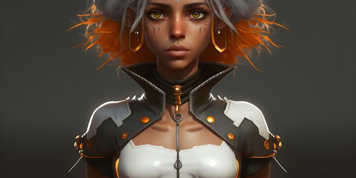 the most beautiful female teen dark skin freckles white orange and black hair wearing a wizards hat and black armor jupiterpunk yellow eyes Unreal Engine 