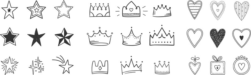 Set of hand drawn doodle objects - stars, crown and hearts