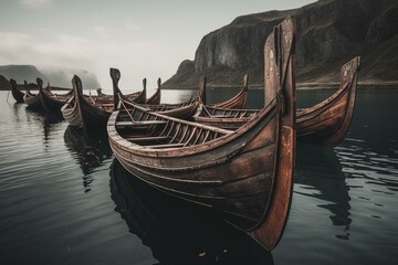 Longboats used by Vikings floating in Icelandic bay. Generative AI