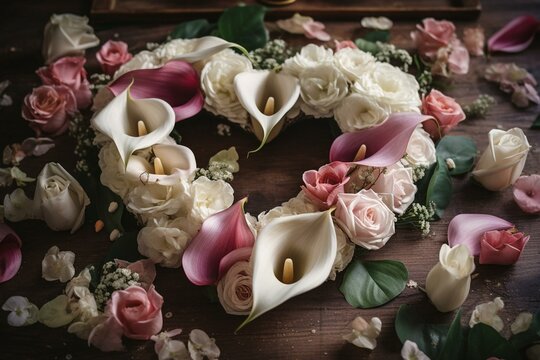 Bohemian floral heart wreath with calla lilies and roses, perfect for a wedding invitation or Valentine's Day. Generative AI