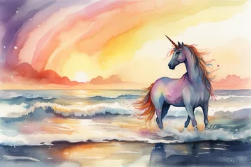 Wandcirkels Eenhoorn Illustrate a watercolor scene of a unicorn standing on a beach at sunset, with the waves crashing against the shore and a rainbow appearing in the sky, Generative Ai  © sukumarbd4