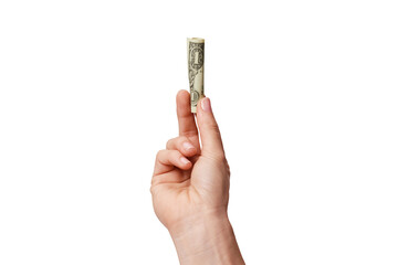 woman's hand with rolled dollar isolated on white background
