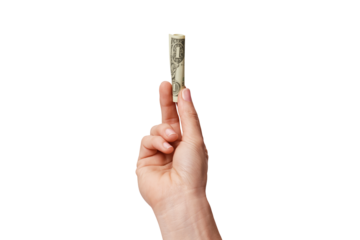 woman's hand with rolled dollar isolated on white background