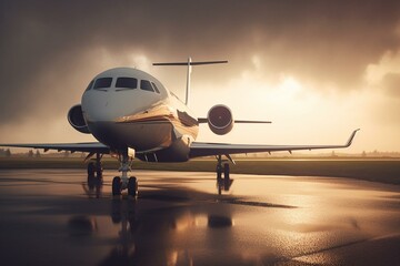 Fototapeta na wymiar A business jet plane parked outside, waiting for VIP guests. Concept of luxury tourism and business travel transportation. 3D render. Generative AI