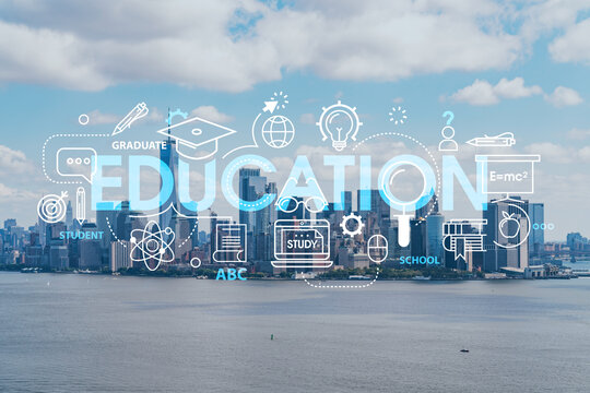 Aerial panoramic helicopter city view of Lower Manhattan and Downtown financial district, New York, USA. Technologies and education concept. Academic research, top ranking university, hologram