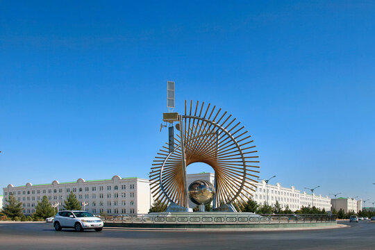 Ashgabat, Turkmenistan - August 20, 2022: Monument to new global technologies in capital of Turkmenistan.