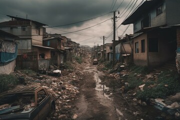 Fototapeta na wymiar Waste-ridden area from surrounding homes, businesses, and industries. Generative AI