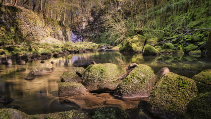 Wasserkraftwerk Lohmen - Wasserfall - Moos - Wald - Grün - Waterfall with Rocks and Green Moss	