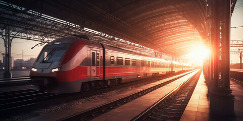 Naklejka premium High speed train in motion on the railway station at sunset. Fast moving modern passenger train on railway platform. Railroad with motion blur effect. Commercial transportation generated by AI.