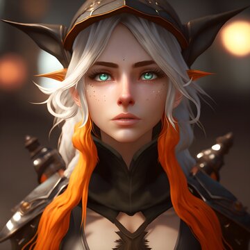 the most beautiful elf girl tan skin freckles white orange and black hair wearing a wizards hat and black armor jupiterpunk Unreal Engine 