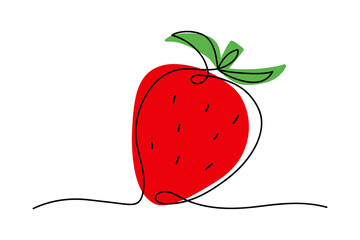 Continuous one line drawing strawberry fruit with red and green spots. Farmer market Logo concept. Abstract hand drawn berry by one line. Minimalist line sketch on white background. Red strawberry.