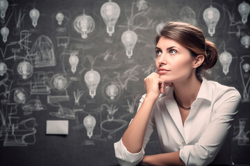 Thoughtful female executive against drawing of lightbulbs on board