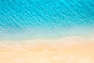 Relaxing aerial beach, vivid summer vacation tropical Mediterranean landscape banner. Waves surf...