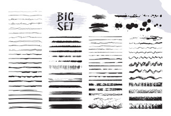 Set of hand drawn ink lines, sketch strokes isolated on white. Vector grunge brushes. Ink art brusher are added to the brushes panel.