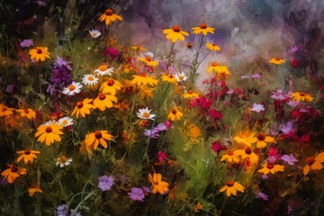 Obraz na płótnie Canvas big flowers impasto wildflower field photographer gorgeous thick layers rhythms garden richly colored prairie, generative ai