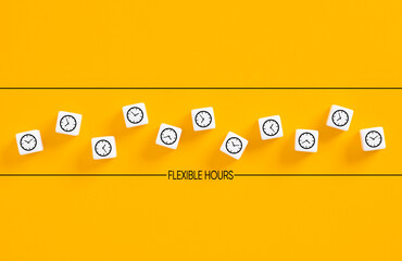 Flexible working hours. Flexible working policy in business. Clock symbols on white cubes on yellow...