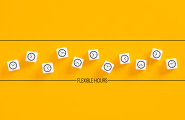 Flexible working hours. Flexible working policy in business. Clock symbols on white cubes on yellow background.