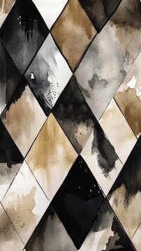 bright white beige ink black squares design milk tiny triangles brown color splotches deco splashes mocha swirl hanging scroll gold dynamic folds adornments, generative ai