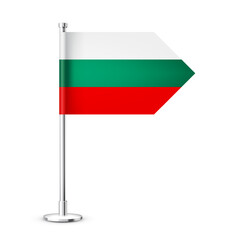 Bulgarian table flag on a chrome steel pole. Souvenir from Bulgaria. Desk flag made of paper or fabric and shiny metal stand. Mockup for promotion and advertising. Vector illustration