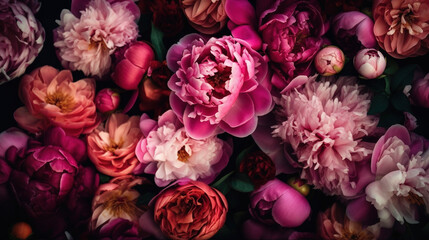 Pink peonies flat lay background. AI
