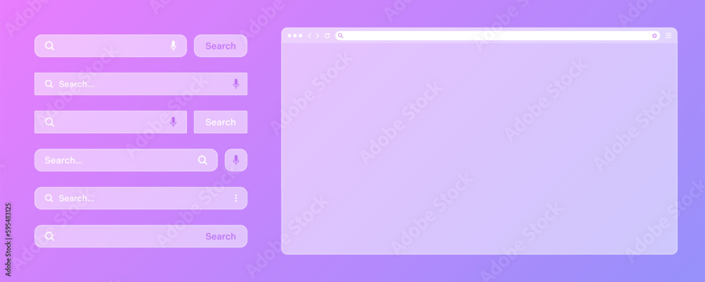 Poster blank transparent internet browser window with various search bar templates. web site engine with se
