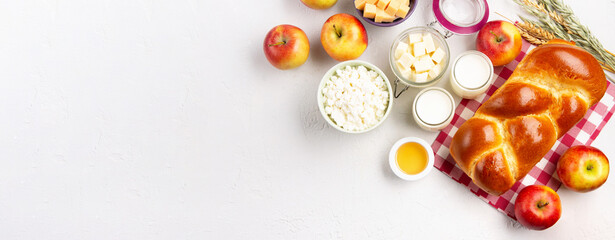 Jewish Shavuot Holiday Card. Dairy Products, Apples, Cheese, Bread, Milk on White Background.