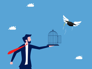 Businessman unleashes graduation cap flying out of the cage. Liberation of learning achievements and freedom vector