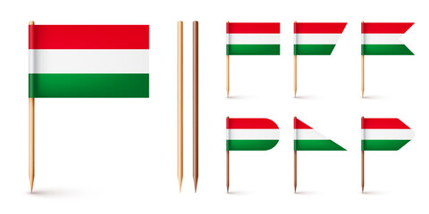Realistic various Hungarian toothpick flags. Souvenir from Hungary. Wooden toothpicks with paper flag. Location mark, map pointer. Blank mockup for advertising and promotions. Vector illustration