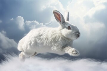 Adorable happy snow hare soaring among fluffy clouds in a digital art. Generative AI