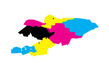 Kyrgyzstan political map of administrative divisions - regions and independent cities of Bishkek and Osh. Blank vector map in CMYK colors.