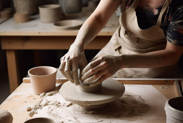 Hobby making of clay vessels in a traditional way by a potter. Generative ai