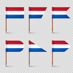 Realistic various Dutch toothpick flags. Souvenir from Netherlands. Wooden toothpicks with paper flag. Location mark, map pointer. Blank mockup for advertising and promotions. Vector illustration