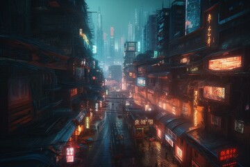 Sci-fi cityscape with neon lights and modern architecture. Generative AI
