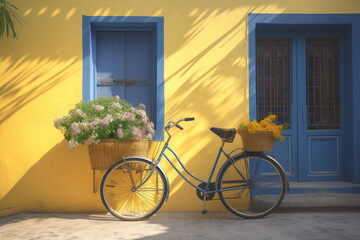 Fototapeta na wymiar Bicycle with flowers in a straw basket near yellow wall of beautiful house in the rays of sunlight. Summer mood. Close- up. Generated AI