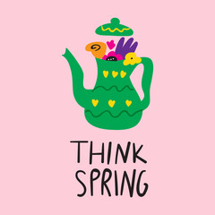 Green teapot. Think spring. Illustration on pink background.