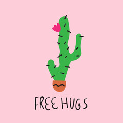 Free hugs. Happy cactus. Vector hand drawn illustration on pink background.