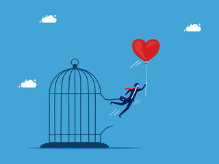 Have a free mind. Businessman escapes from brain prison with heart balloon vector