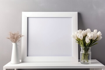 White photo frame mockup with bouquet of white tulips in vase on white shelf.  Generative AI
