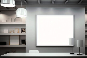 Modern interior with empty poster on wall. Mock up, 3D Rendering.  Generative AI