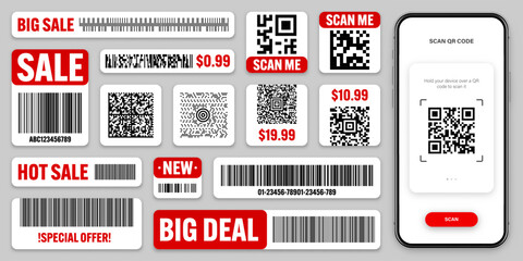 Product barcodes and QR codes. Smartphone application, scanner app. Sale stickers, discount label or promotional badge. Serial number, product ID. Store, supermarket scan labels. Vector illustration