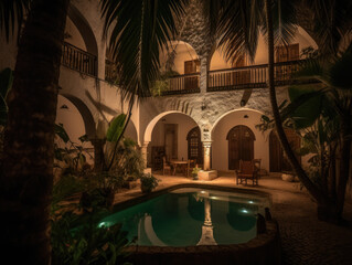 Obraz na płótnie Canvas Courtyard with a pool and palm trees at night. Generative AI