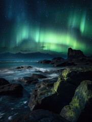 Fototapeta na wymiar Photograph - aurora borealis over a rocky shore. Generative AI