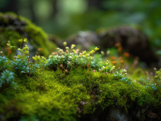 Moss growing on a rock in the forest. Generative AI