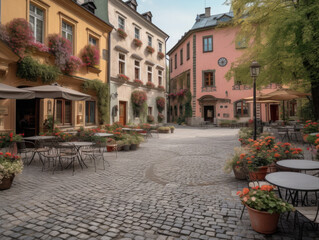Cobblestone street with tables and chairs. Generative AI