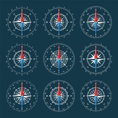 Marine compass, nautical wind rose with cardinal directions of North, East, South, West and degree markings. Geographical position and orientation, cartography and navigation. Vector illustration