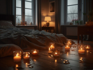 Bed with candles on the floor in front of a window. Generative AI