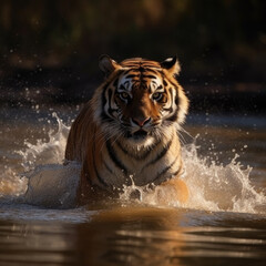 Fototapeta na wymiar Tiger is running through the water. Generative AI