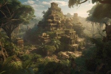Illustration of El Dorado, a lost golden city in the jungle. Generative AI